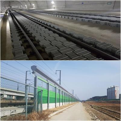 터널 안에 설치된 슬래브 도상용 흡음블록(왼쪽)과 철도 주변에 설치한 방음벽 상단장치(아래).
