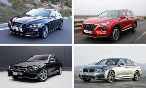 (윗줄 왼쪽부터 시계방향으로)현대차 그랜저IG·싼타페, BMW 뉴5시리즈, 벤츠 E200 아방가르드. 사진=각사 제공
