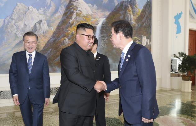 박원순 서울시장이 지난 9월 문재인 대통령과 평양을 방문할 때 김정은 국무위원장과 악수하는 모습. 