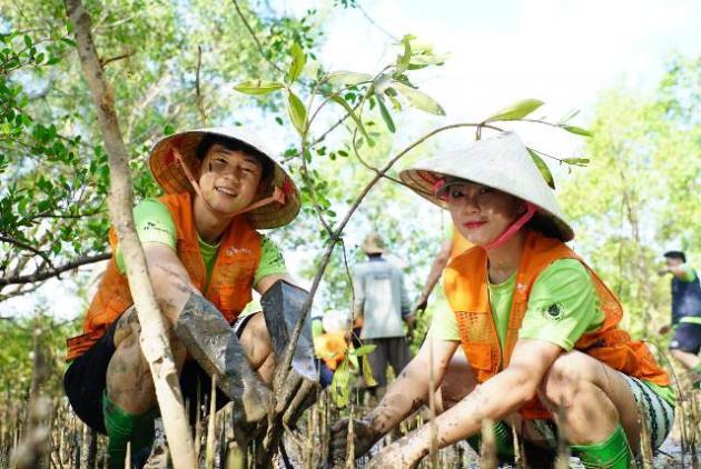 SK이노베이션 직원들이 베트남 짜빈성에서 맹그로브 숲 복원 자원봉사활동을 하고 있다.