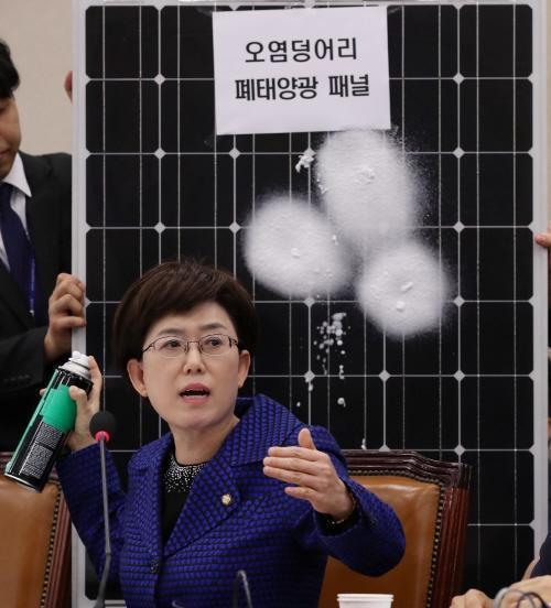 지난해 국정감사에서 최연혜 자유한국당 의원이 태양광 패널 세척제의 유해성에 대해 질의하며 세척제를 패널에 뿌려보고 있다.
