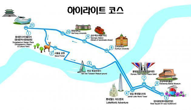 노랑풍선 서울시티투어버스의 하이라이트 코스 노선.