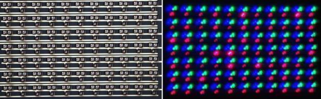 RGB 마이크로LED 모듈 발광 전(왼쪽)과 발광 후 모습. (사진=한국광기술원)