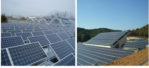 한빛디엔에스 에서 설계 용역을 수행한 청계천 태양광 발전소(왼쪽)와 설계 및 감리용역을 수행한 영흥 태양광 발전소 전경.