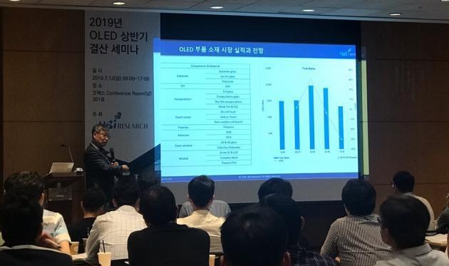 이충훈 유비리서치 대표가 서울 코엑스에서 열린 '2019년 OLED 상반기 결산 세미나'에서 OLED시장 전망을 발표하고 있다.