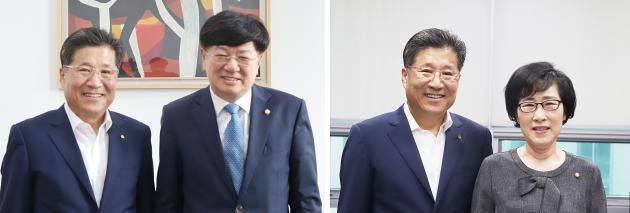 류재선 전기공사협회 회장이 이종구 의원(왼쪽)과 김삼화 의원을 차례로 예방해 업계 애로를 전달했다.
