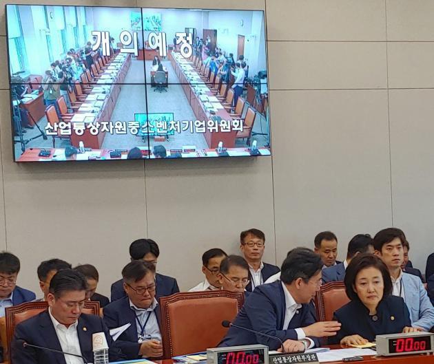 성윤모 산업부 장관과 박영선 중기부 장관이 14일 국회 산자중기위 전체회의에 앞서 환담을 나누고 있다.