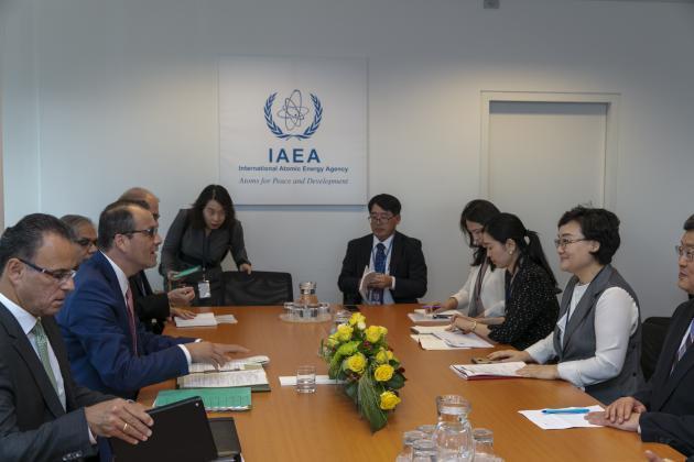 17일(현지시간) 오스트리아 빈에서 문미옥 과학기술정보통신부 제1차관이 코넬 페루타 국제원자력기구(IAEA) 사무총장 대행과 면담을 하고 있다.
