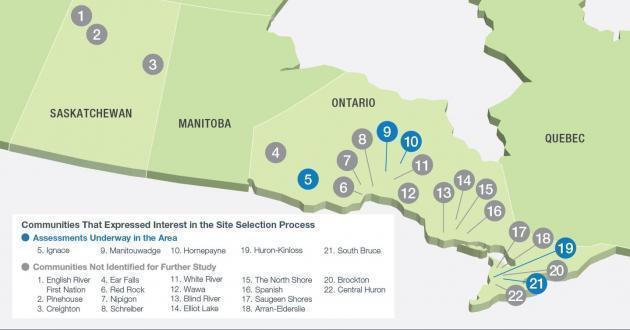 캐나다에서 사용후핵연료 처분장 부지선정 과정에서 관심을 표현한 지역 5곳. 이 5개 지역은 연구를 거쳐 2곳으로 좁혀진다. (제공: NWMO) 