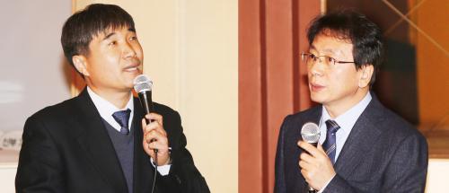 김기현 대한전기협회 팀장(왼쪽)과 방선배 전기안전연구원 팀장이 지난 11월 28일 열린 제14회 전기설비기술기준 기술세미나에서 발표하고 있다.