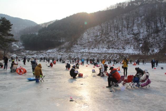 지난 6일 경기도 양평군 수리마을에서 개막한 ‘물맑은양평 빙어축제’를 찾은 관광객들이 물고기잡이에 한창이다.(사진=‘물맑은양평 빙어축제’ 제공)