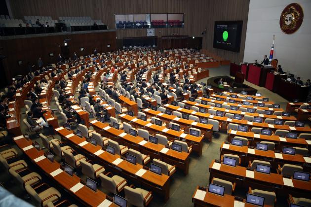 9일 국회에서 열린 본회의에서 자유한국당 의원들이 불참한 가운데 법안들이 처리되고 있다.