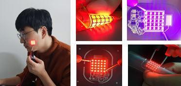 한국광기술원 바이오헬스연구센터 사기동 박사팀이 개발한 피부 부착형 무선 마이크로 LED 광패치 시제품 및 핵심기술.