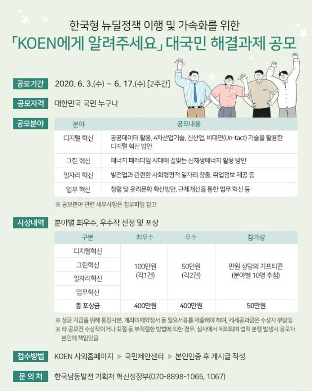 한국형 뉴딜정책 이행과 가속화를 위해 한국남동발전이 주최하는 ‘KOEN에게 알려주세요’ 대국민 해결과제 공모 포스터.