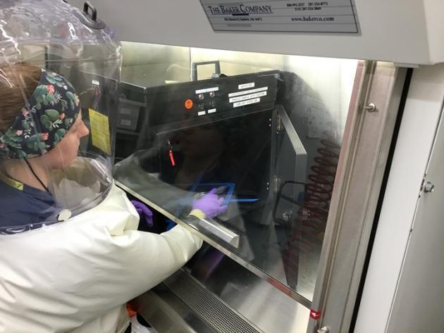 시그니파이의 UV-C 기술로 코로나 바이러스 비활성화를 연구하는 모습. 