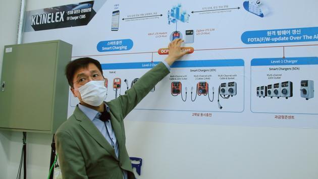 클린일렉스 이효영 대표가 전기차 충전기에 대해 설명하고 있다
