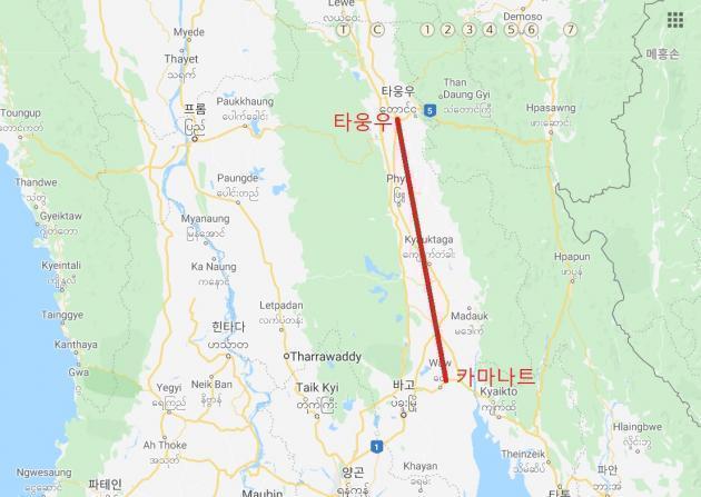 두산건설이 수주한 타웅우-카마나트 구간 초초고압송전선로 공사 경로(출처= 구글지도)