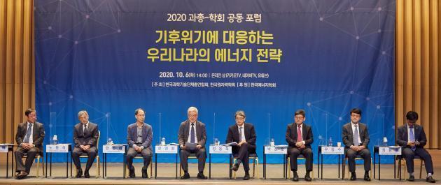  한국원자력학회와 한국과학기술단체총연합회가 6일 개최한 ‘기후위기에 대응하는 우리나라의 에너지 전략’ 포럼에서 전문가들이 토론을 진행하고 있다.