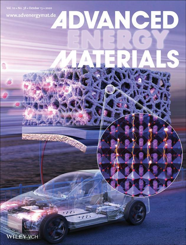 삼성전자 종합기술원과 울산과학기술원(UNIST)의 공동연구팀 논문이 소개된 ‘Advanced Energy Materials’ 표지. 개발된 복합 기능성 세라믹 소재는 전자(붉은색 구)와 리튬이온(자홍색 구)의 전도성 모두가 우수함을 나타낸다.