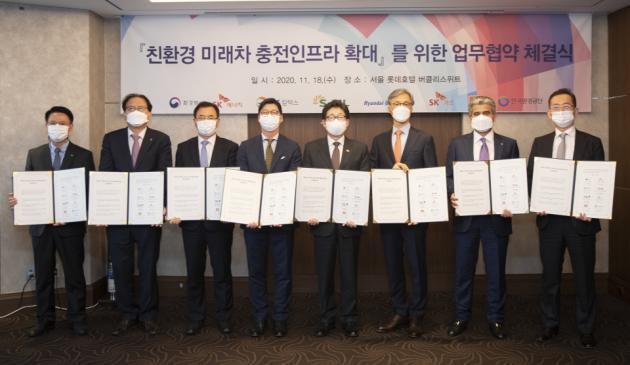 조명래 환경부 장관(왼쪽 다섯 번째)이 18일 서울 중구 롯데호텔에서 개최된 ‘미래차 충전시설 확대를 위한 업무협약식’에 참석해 정유·가스 공급 6개사 대표들과 기념촬영을 하고 있다.                                                                             