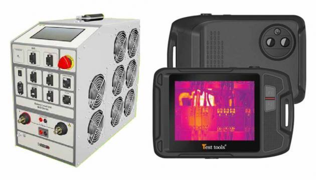 우리종합계측기가 올해부터 DV-power와의 독점 계약을 통해 납품하는 산업용배터리시험기(왼쪽)와 시판 브랜드 Test tools의 열화상 카메라 제품.