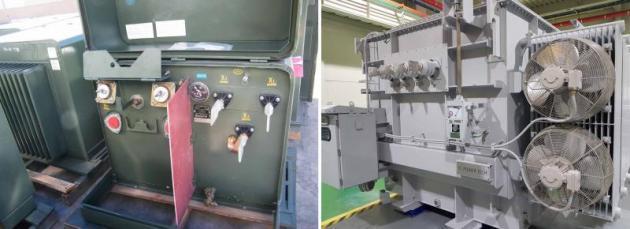 엘파워텍이 미국에 수출하는 패드변압기(왼쪽)와 납품을 완료한 전력용변압기.