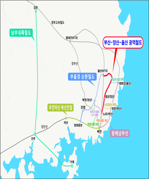 부산~경남(양산)~울산 광역철도 노선도.