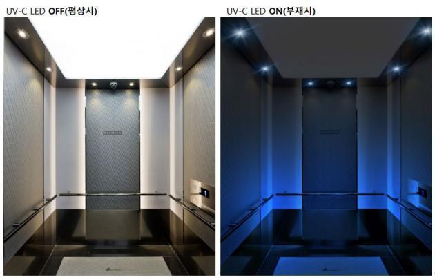 엘리베이터 내부에서 아이엘사이언스의 ‘2-Way 방식 UV C 멸균 LED를 이용한 IoT 시스템’을 구현한 모습. 사람의 유무에 따라 일반 LED와 UV C 멸균 LED를 하나의 등기구에서 동시에 구현할 수 있는 게 이 기술의 특징이다. 