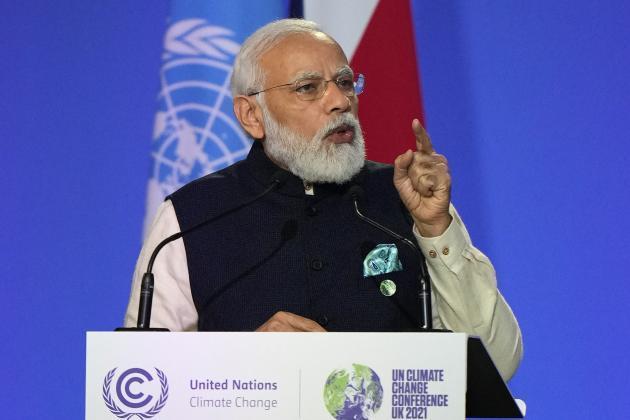 1일(현지시간) 나렌드라 모디 인도 총리가 영국 글래스고에서 열린 제26차 유엔기후변화협약 당사국총회(COP26)에서 연설하고 있다. 제공: 연합뉴스