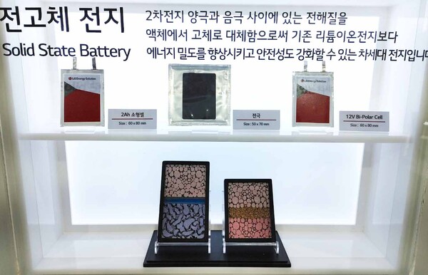 인터배터리 2022에서 LG에너지솔루션이 전고체 배터리 시제품을 전시하고 있다.