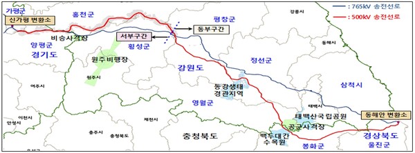 동해안∼신가평 500㎸ 직류 장거리 HVDC 건설사업 경과지.