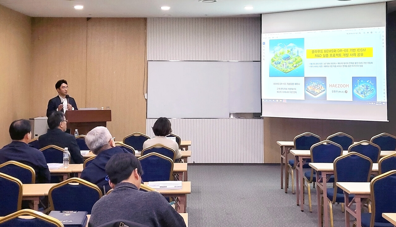 강동주 해줌연구소 소장이 BEMS_DR-EE 기술 동향 세미나에서 발표를 하고 있다. /제공=해줌