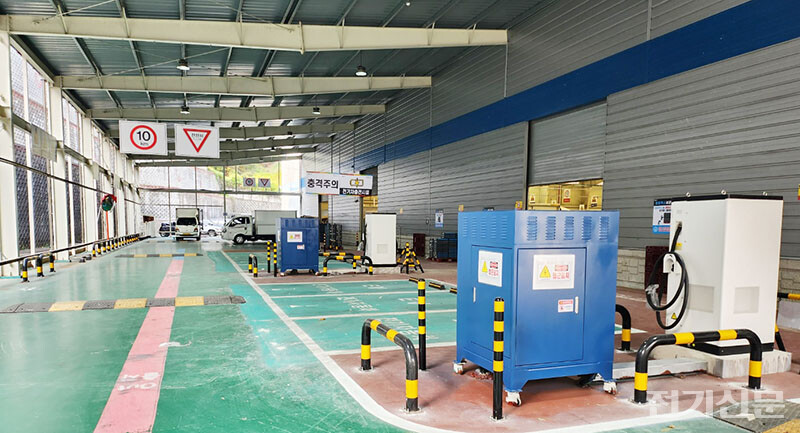 청주시 대형 물류센터에 구축된 전기차 무선충전 시스템. 각 주차면 앞쪽에 무선충전 패드가 매몰 설치돼 있다. /제공=와이파워원