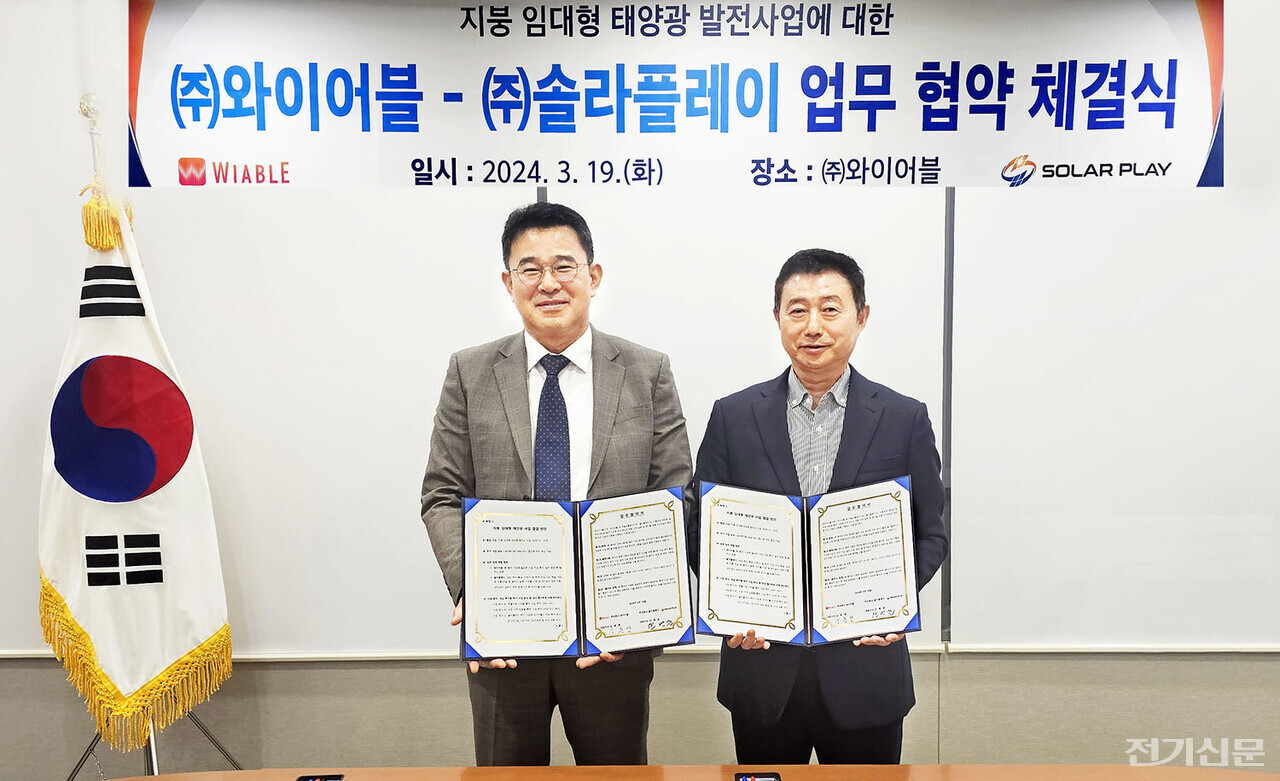 안병준 솔라플레이 대표(왼쪽)과 김문환 와이어블 대표가 협약 체결 후 기념촬영을 하고 있다. [제공=솔라플레이]
