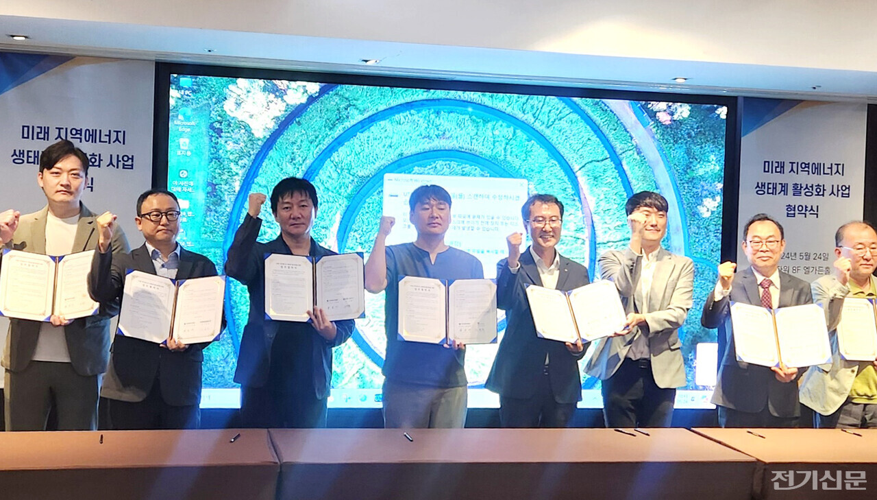 한영배 지역에너지복지이사(왼쪽 다섯번째)와 미래 지역에너지 생태계 활성화 사업 선정사업자들이 기념촬영을 하고 있다. [제공=한국에너지공단.]