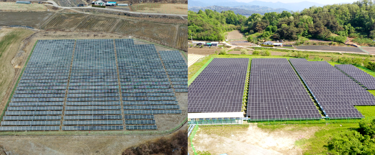 브라이트에너지파트너스(BEP)가 경상북도 영주시 안정면 소재 500kW 규모 태양광발전소의 리파워링(Repowering)을 마치고 지난달부터 발전 용량 1.1MW 발전소를 재가동했다. 사진은 리파워링 전(왼쪽), 후(오른쪽), [제공=브라이트에너지파트너스]