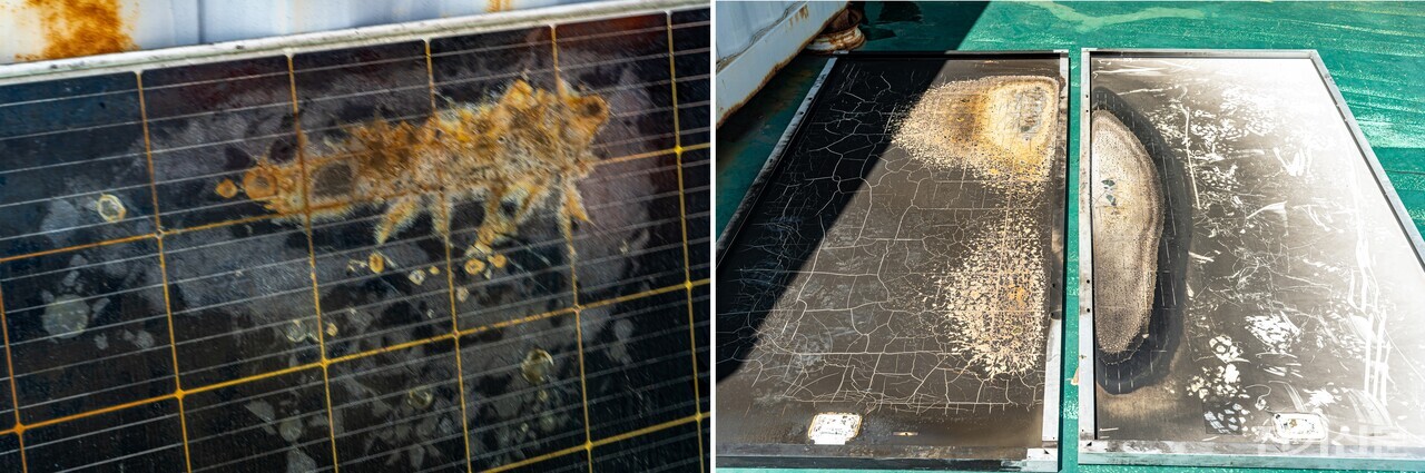 지난해 6월 발생한 화재로 전후면부가 그을려진 건물일체형태양광(BIPV) 모듈의 모습. [사진=김진후 기자]