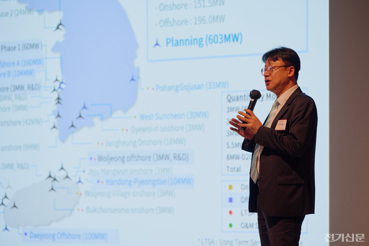 박지웅 두산에너빌리티 팀장이 ‘한국의 대형 풍력터빈 솔루션’을 주제로 발표하고 있다. [제공=에퀴노르]
