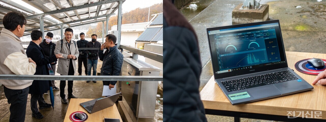 서울특별시 남부교육지원청 관계자들이 태양광 화재 차단 표준모델 적용 현장에서 RSD, 안전함 및 모니터링 현황 등을 살펴보고 있다. [사진=김진후 기자]