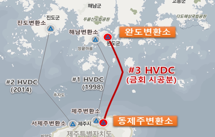 제주-내륙(완도) 초고압 직류 송전선로(HVDC;High Voltage Direct Current) 제3연계선 구상도[제공=한전]
