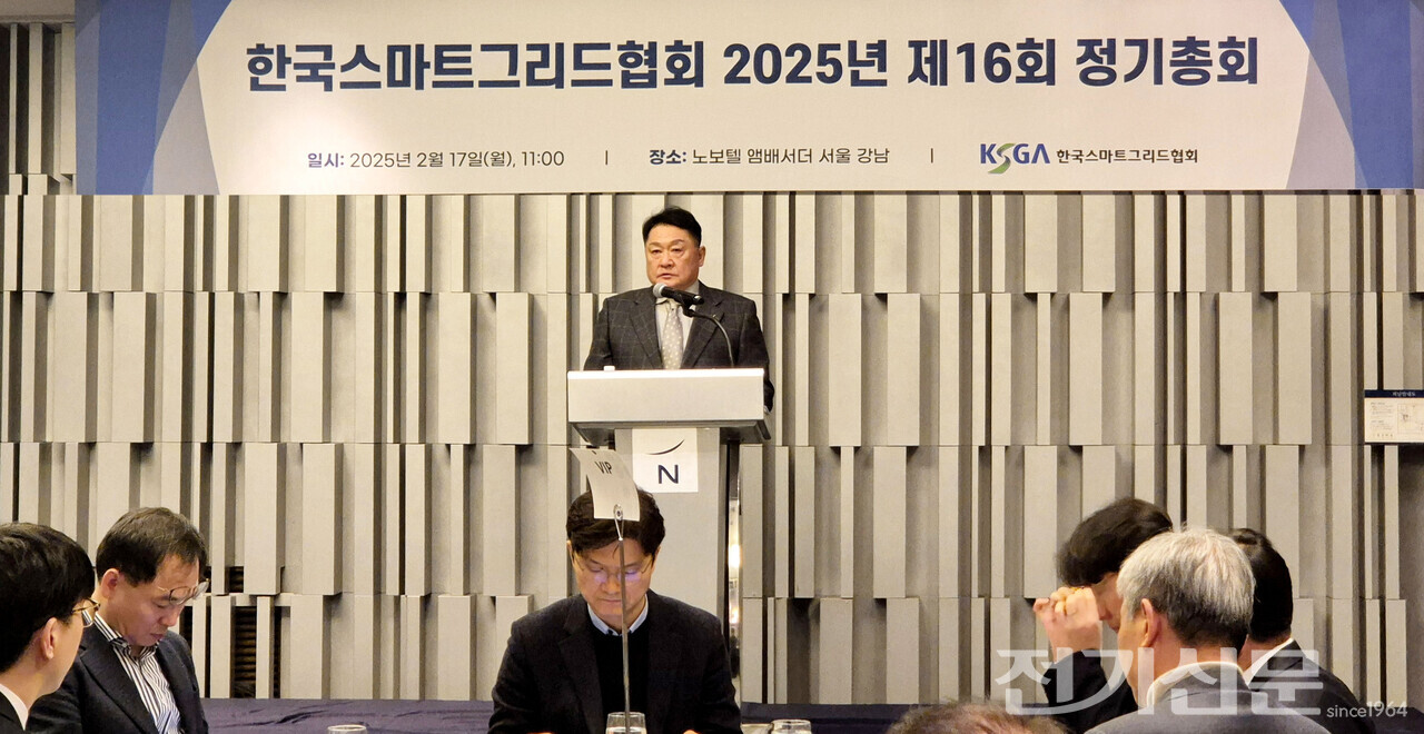 구자균 한국스마트그리드협회 회장이 제 16회 정기총회에서 개회사를 하고 있다. [사진=강수진 기자]