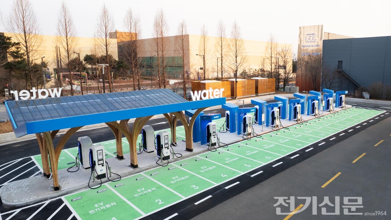 고양 킨텍스 한국국제전시장 제2전시장 주차장에 구축된 국내 최대 규모 옥외 전기차 급속 충전소. [사진=워터] 
