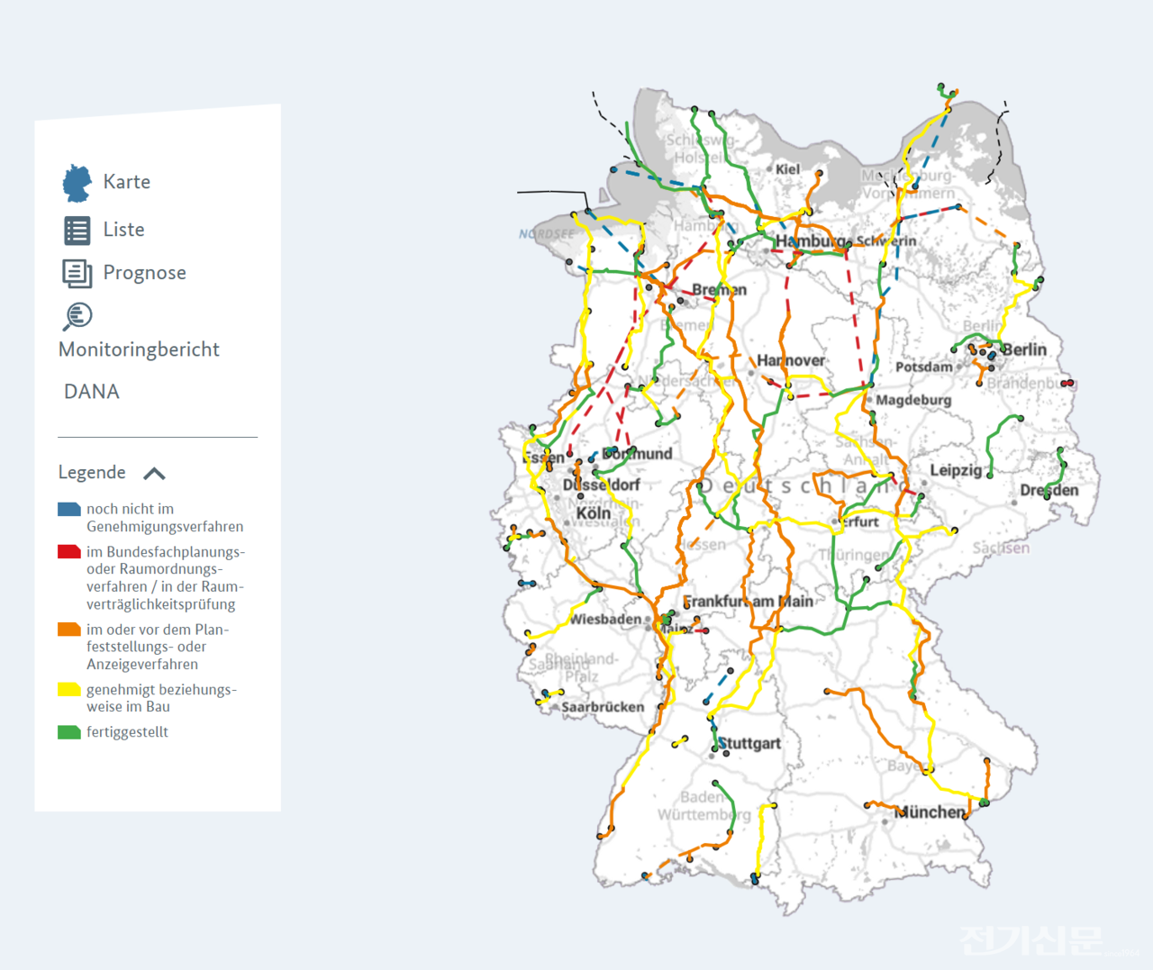 BNetzA가 운영 중인 공공 정보 공유 시스템의 한 화면. HVDC 프로젝트별 위치, 경과지, 인허가 단계, 환경심사 결과, 주민설명회 일정까지 모두 열람이 가능하다. [출처=BNetzA 홈페이지 캡쳐]