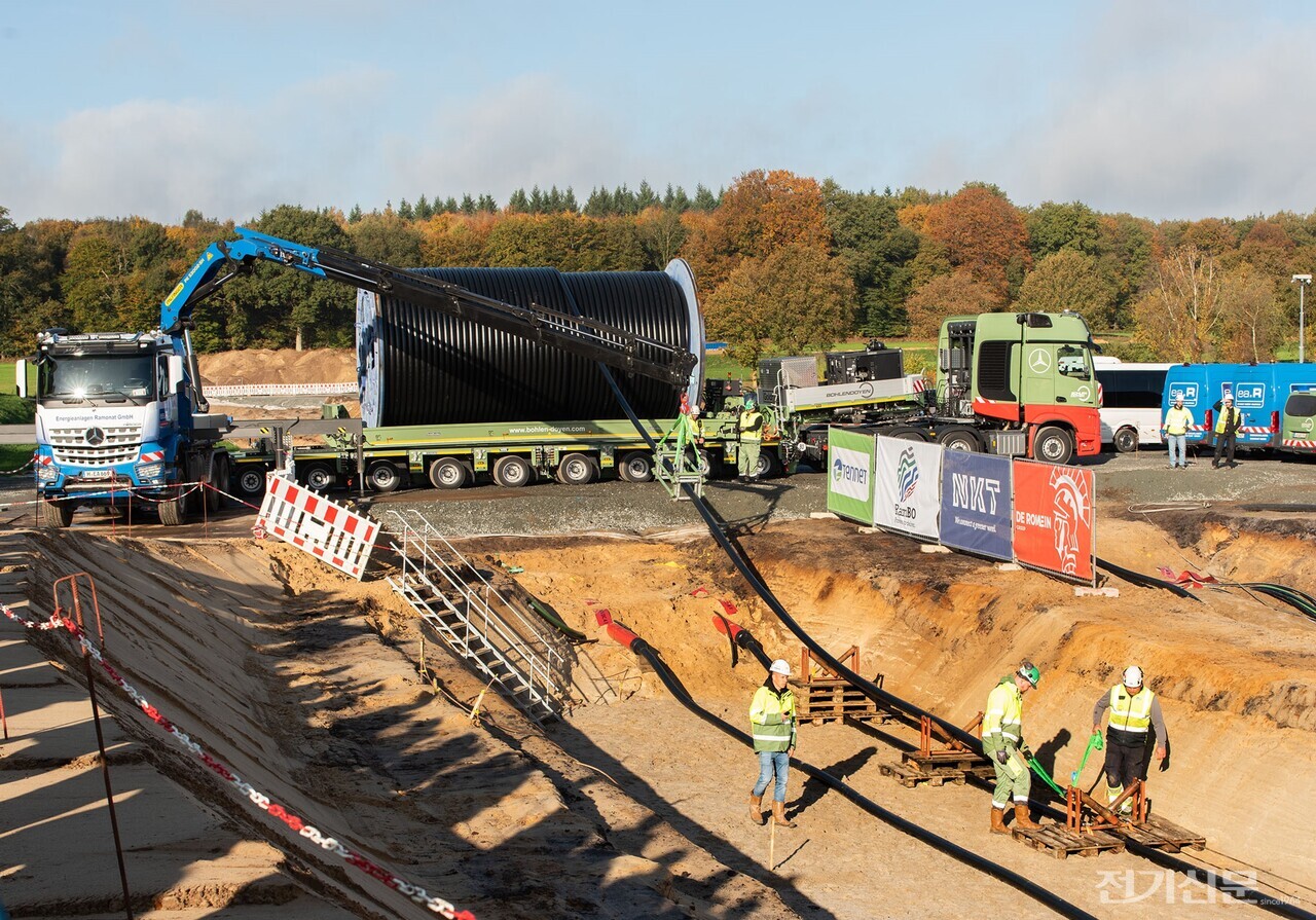 테넷과 케이블 공급사 NKT가 독일 니더작센주 헤슬링겐(Heeslingen) 현장에서 수드링크(SuedLink)의 지중 케이블을 인입하고 있다. [제공=테넷]