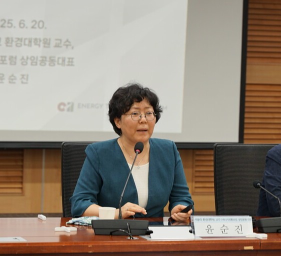 윤순진 서울대학교 환경대학원 교수가 발제문을 발표하고 있다. [사진=안상민 기자]