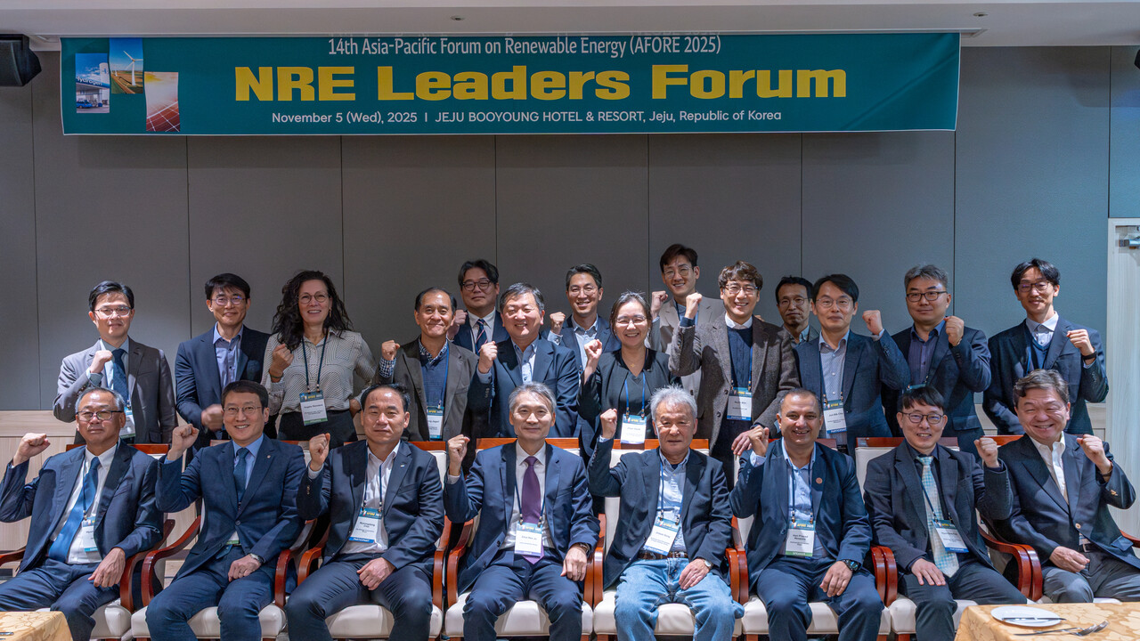 이상훈 한국에너지공단 이사장(앞줄 왼쪽 두 번째), 조철희 한국신재생에너지학회 회장(앞줄 왼쪽 네 번째) 등 리더스포럼 참석자들이 단체 기념촬영을 하고 있다.  [사진=김진후 기자]