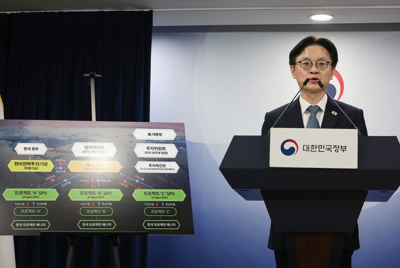 김정관 산업통상부 장관이 14일 서울 종로구 정부서울청사에서 한미 관세협상 팩트시트 및 MOU 관련 브리핑을 하고 있다. [제공=연합뉴스]