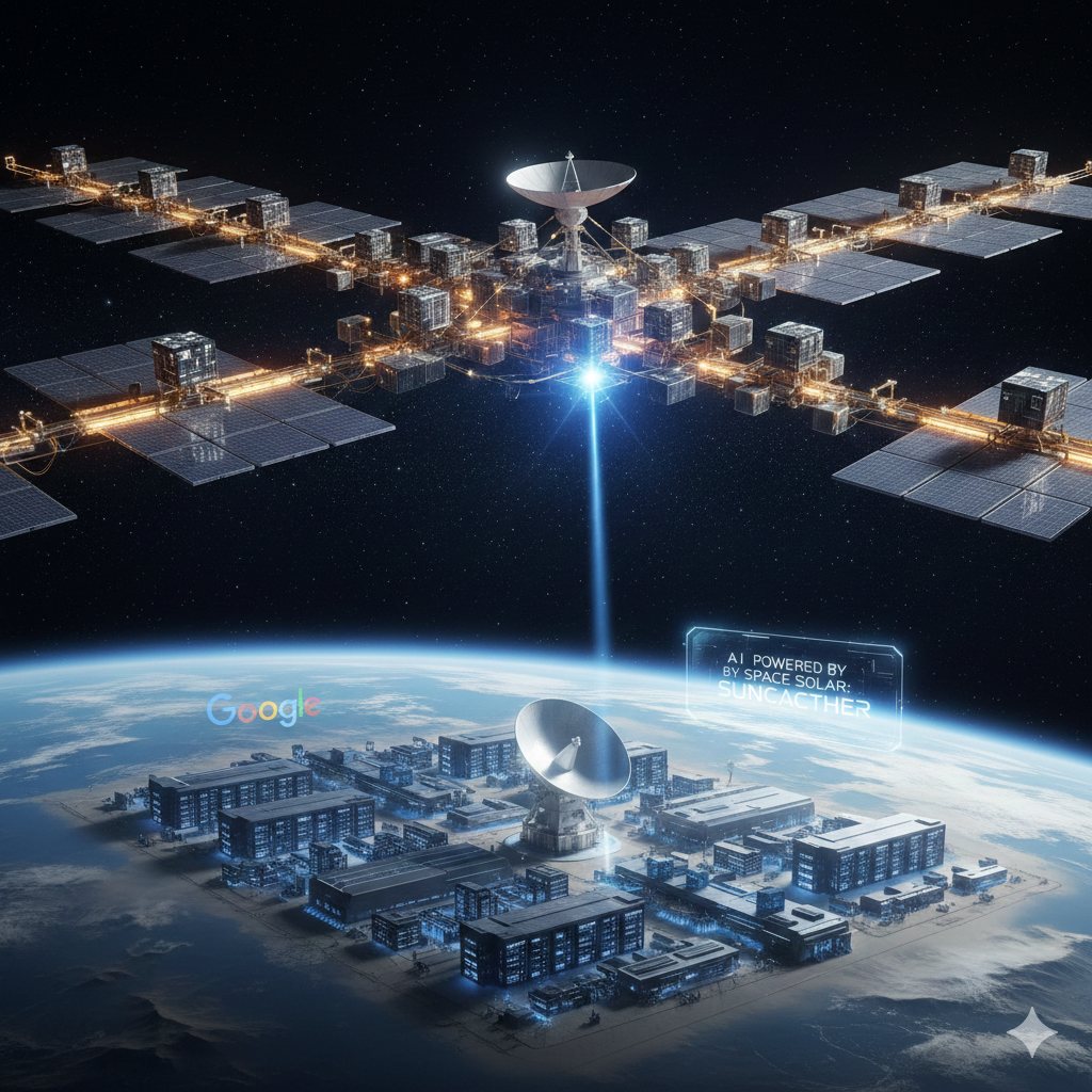 우주 태양광 발전은 저궤도에 위치한 대형 태양광 위성 클러스터가 태양 에너지를 수집해 마이크로파 빔 형태로 지구상의 데이터센터(AI 인프라)로 전송하는 구조다. [사진=제미나이 생성]