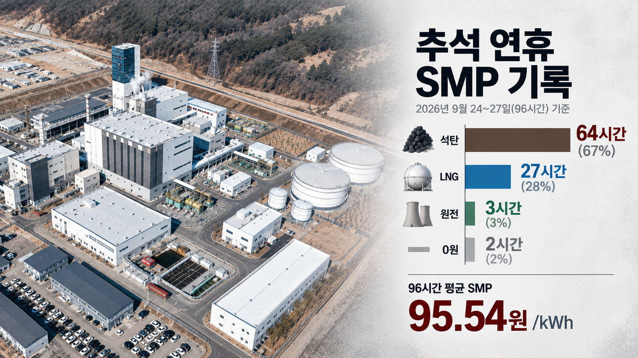 경북 구미 LNG 복합발전소 전경. 추석 연휴 가스발전이 SMP를 결정한 27시간 중 26시간은 구미복합이 한계발전기였다. [사진=서부발전·그래픽=AI 생성]